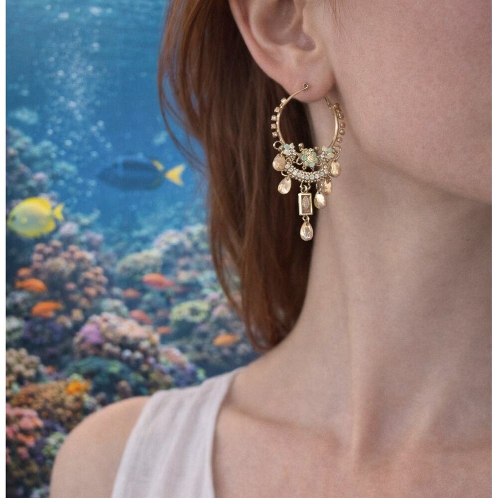 silver tone chandelier hoop earrings dangle ocean inspired turtle statement